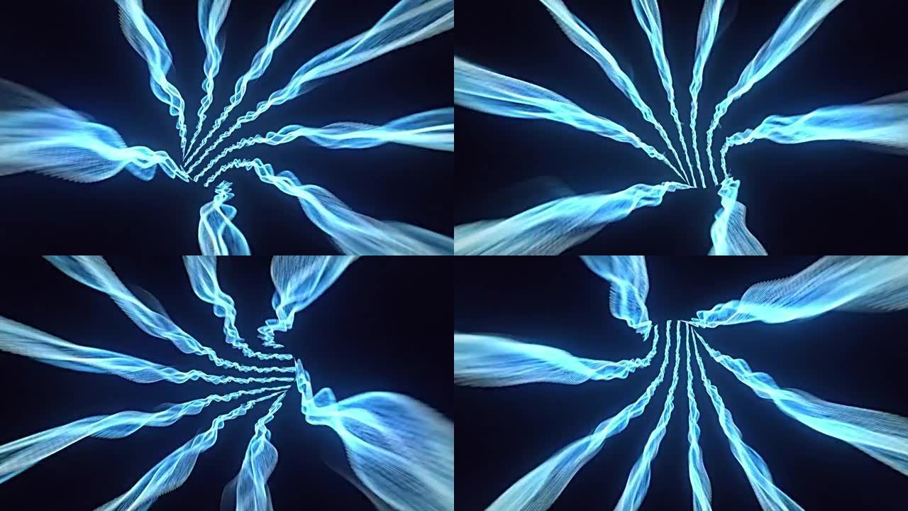 抽象暗辉蓝线未来经时超空间隧道穿越时空动画。4K 3D循环科幻星际旅行穿过超空间涡旋隧道中的虫洞。抽