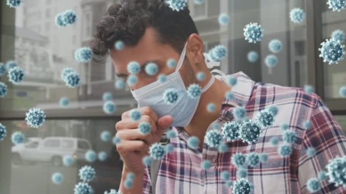 病毒细胞和生物危害标志的动画在白种人戴着口罩和咳嗽