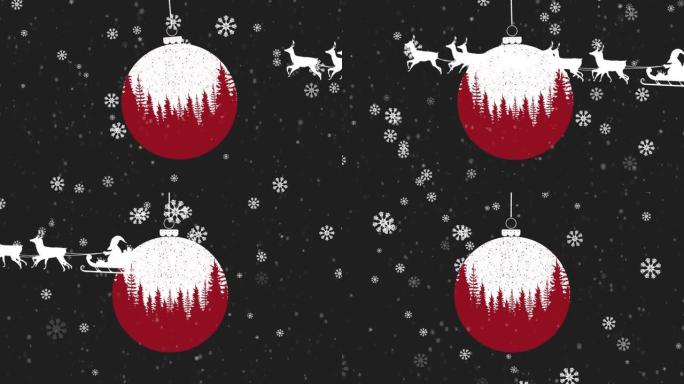 圣诞舞会和圣诞老人在雪橇上的动画，驯鹿在黑色背景上