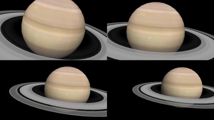 巨行星土星的全帧逼真动画，带有美丽的环。环的对比阴影落在土星表面。