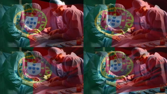 葡萄牙国旗在手术室中挥舞着外科医生的动画