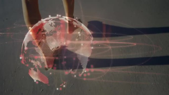 在沙滩上行走的女人的腿上发光的全球网络动画