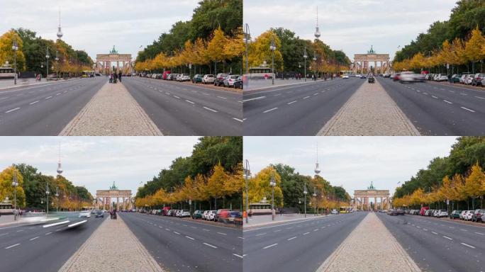4k中彩色秋叶的繁忙城市街道的延时