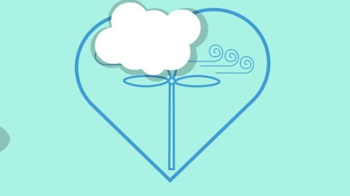 蓝底白云的心形风力发电机动画