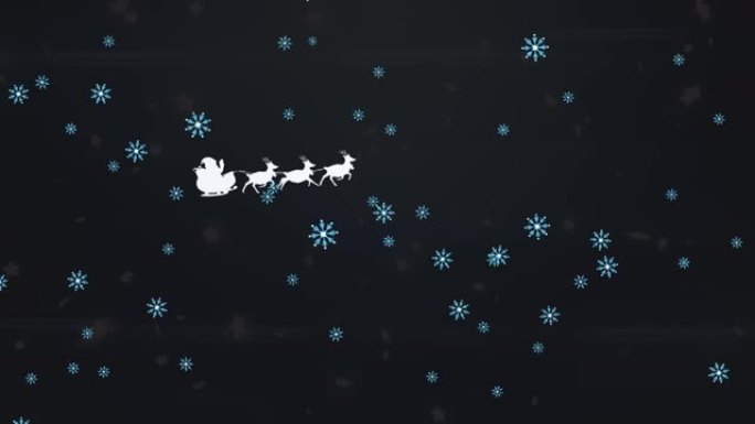 黑色背景上的驯鹿雪橇上的雪落在圣诞老人身上的动画