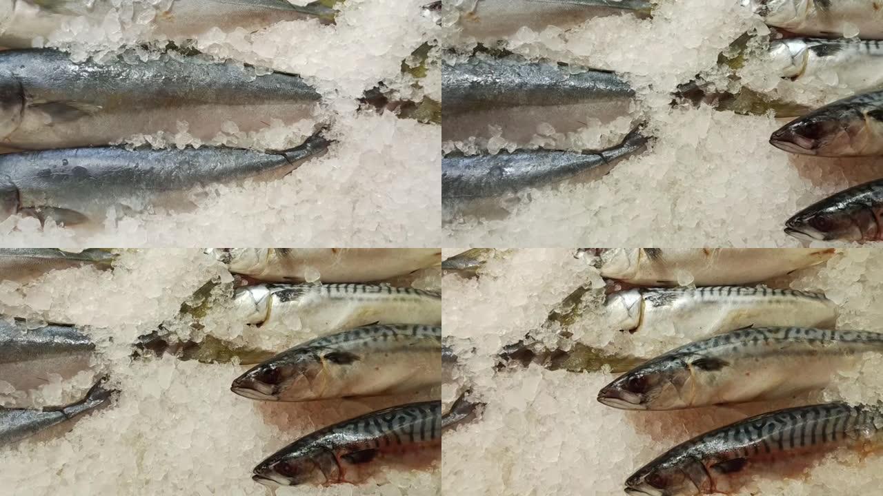 超市中的新鲜海鱼躺在冰上