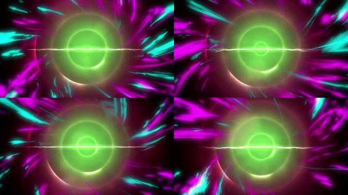黑色背景上的粉色和蓝色数字波对抗绿色螺旋光轨迹