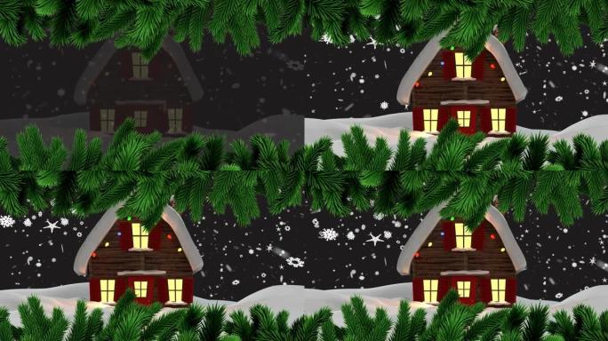 冬天风景下的雪落在房子上的动画