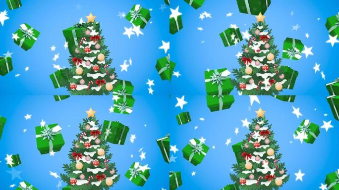 圣诞树上坠落的星星和礼物的动画