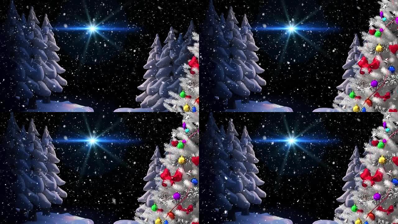 冬季景观中星星，圣诞树和积雪的动画