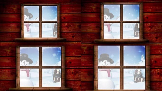 冬季圣诞节场景的动画，通过窗户看到房子和挥舞着的雪人