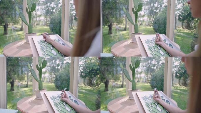 后视镜头拍摄于一个体贴的金发女孩手中旋转笔在绘图纸上沉思，缺乏想法和灵感，绿色工作空间，美术绘画工艺