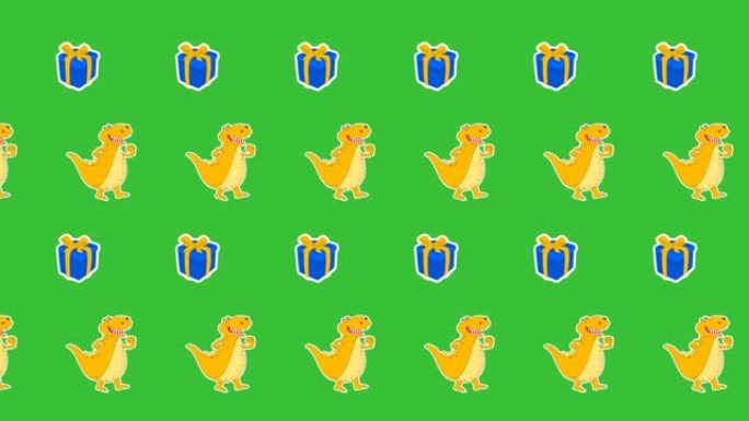 绿色背景上带有蓝色礼物的黄色鳄鱼恐龙动画-动画