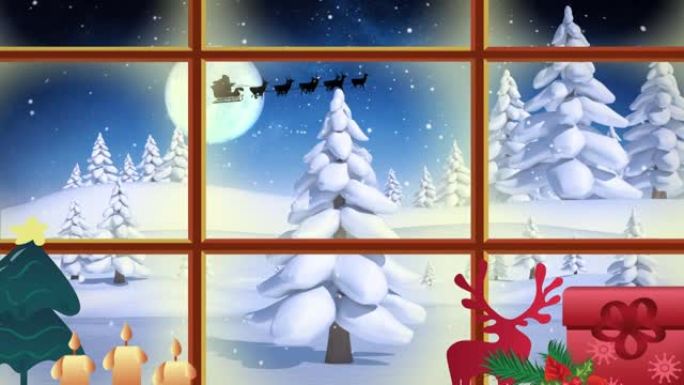透过窗户看到圣诞老人雪橇的冬季圣诞场景动画