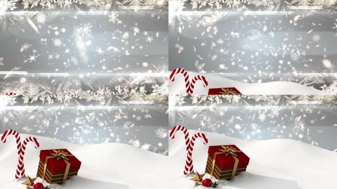 圣诞节糖果上飘着雪并出现在灰色背景上的动画