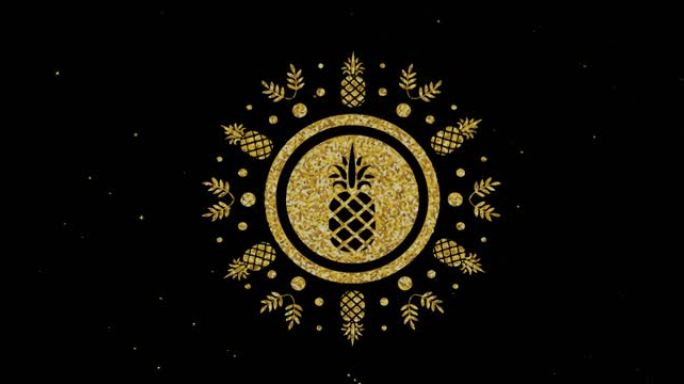 黑色背景上移动的白色星星上的金色菠萝和叶子设计的动画