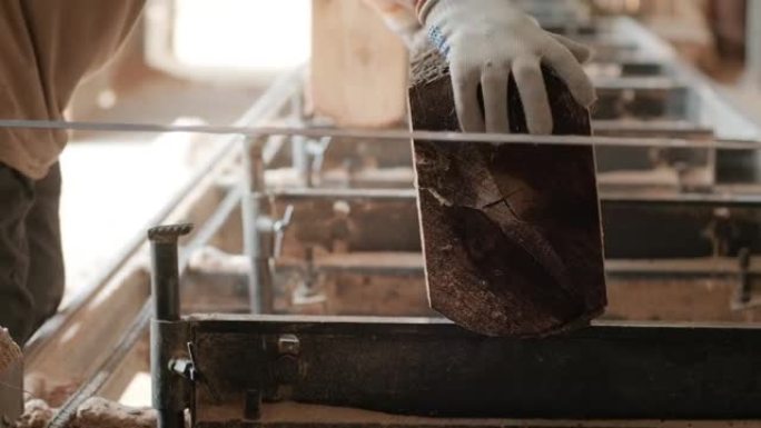木材生产厂锯床上的松树原木特写。锯木厂的木材材料加工和切割。木材厂的制造工艺。在动力机器上锯木
