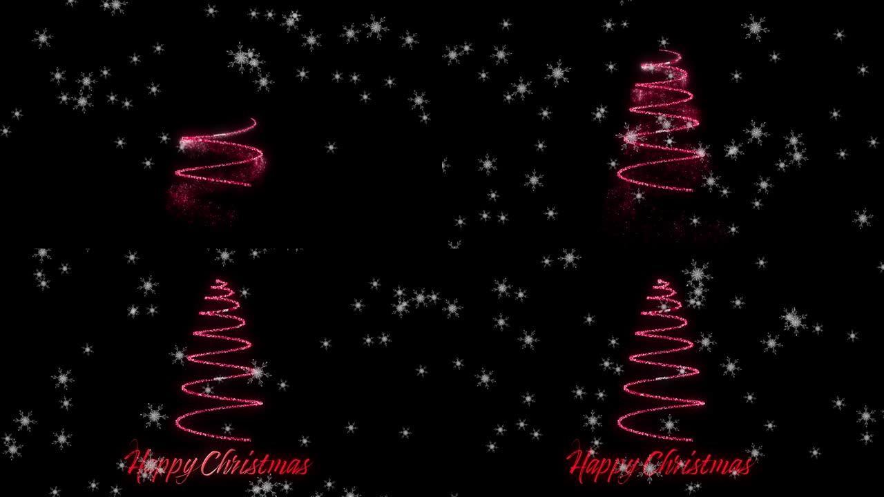 黑色背景上的雪花飘过霓虹灯装饰和圣诞节快乐文字的动画
