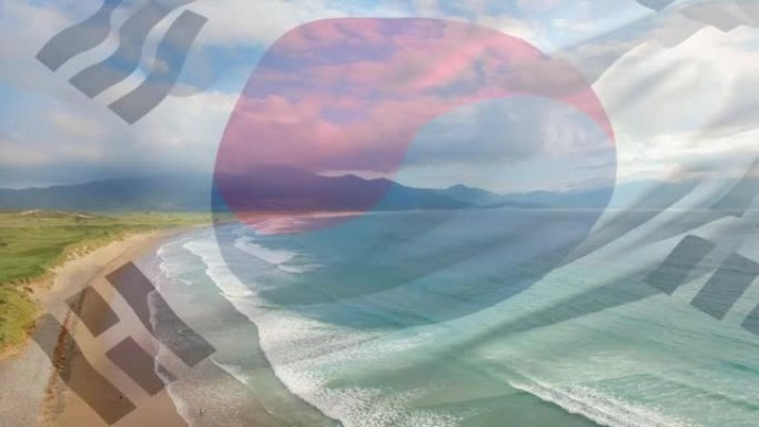 韩国国旗在海滩景观、大海和多云蓝天上飘扬的动画