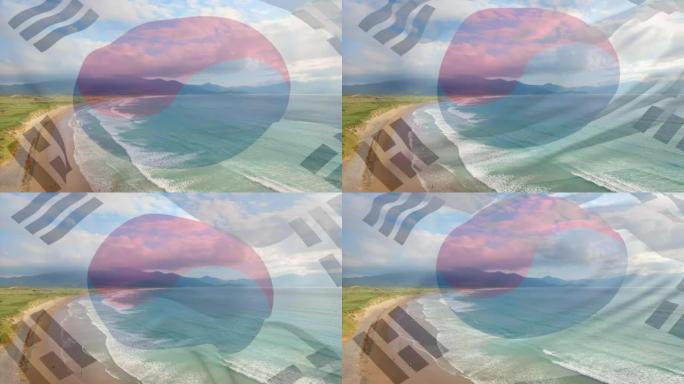 韩国国旗在海滩景观、大海和多云蓝天上飘扬的动画
