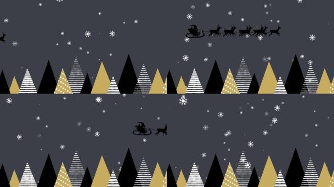 圣诞老人在雪橇上的动画，驯鹿在枞树和飘落的雪上