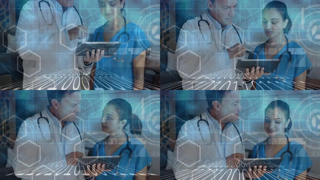 使用平板电脑对男女医生进行二进制编码数据处理的动画