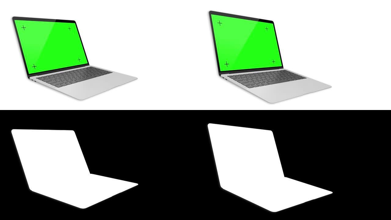 银色笔记本电脑从顶部露出，孤立在白色背景上，绿屏4K，包括Luma频道