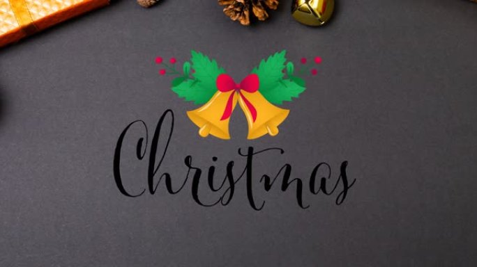 黑色背景上的圣诞文字和铃铛动画