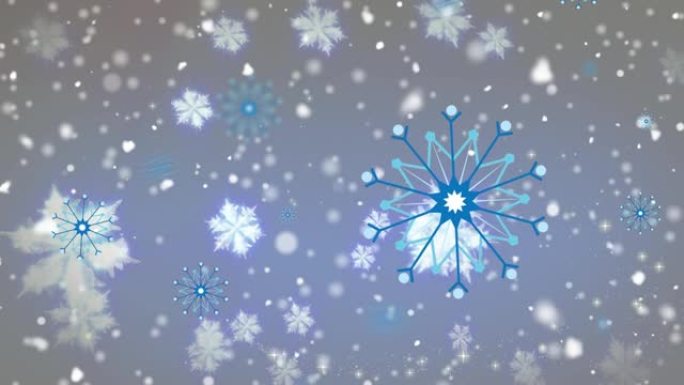 飘雪的数字动画和漂浮在蓝色背景上的多个雪花图标