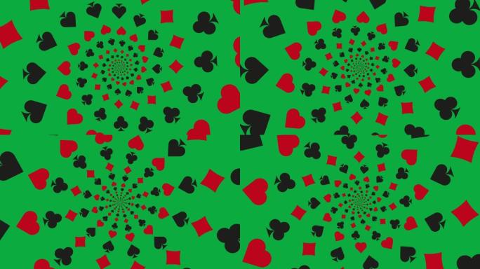 绿色动画背景上的扑克牌符号。简单运动图形螺旋中的钻石、棍棒、心形和黑桃