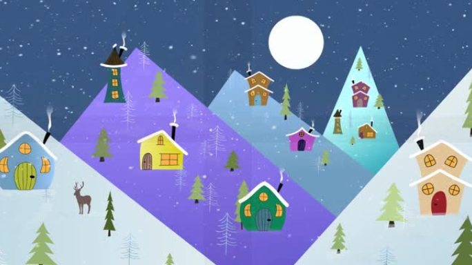 带有装饰房屋的圣诞节冬季风景动画