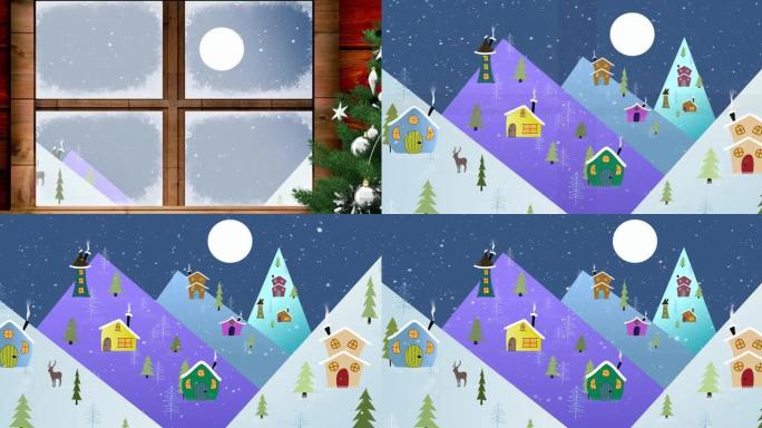 带有装饰房屋的圣诞节冬季风景动画