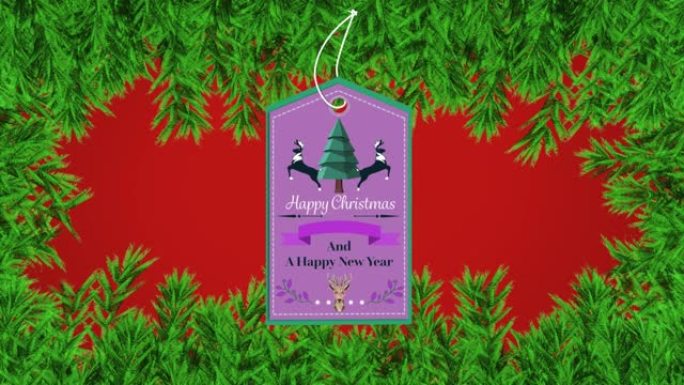 红色背景上的杉木树枝标签上的圣诞问候动画