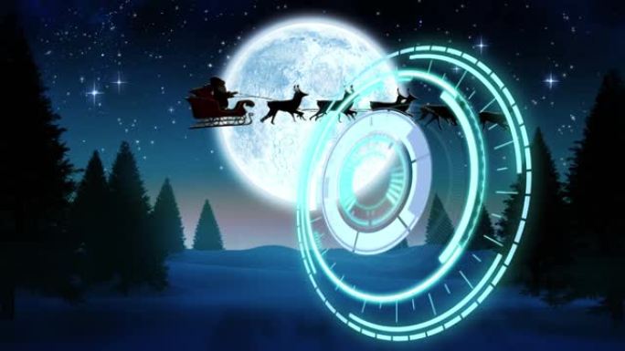 圆霓虹灯扫描仪对着雪橇中的圣诞老人被驯鹿拉向夜空