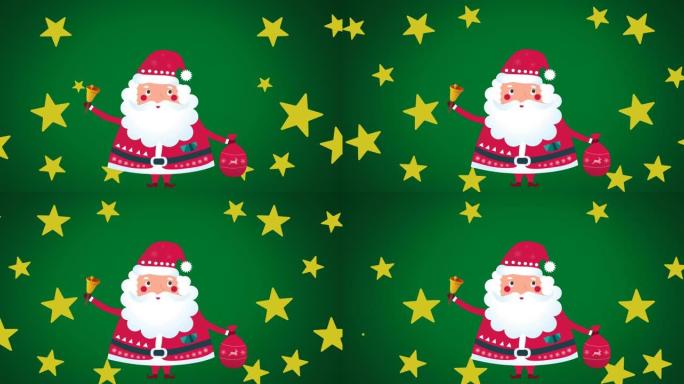 绿色背景上有铃铛的圣诞明星和圣诞老人动画