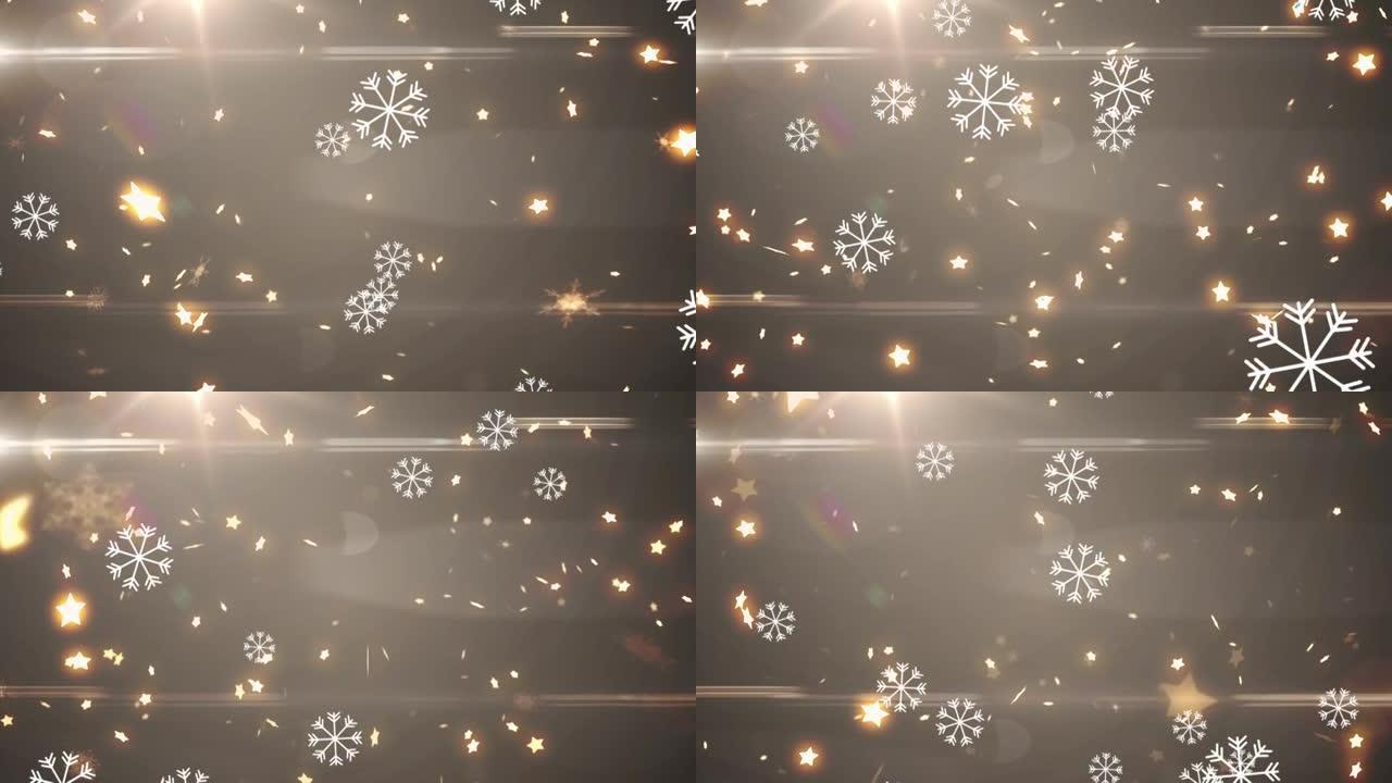 发光的星星和雪落在米色背景上的动画