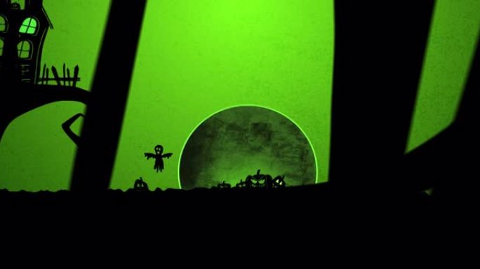 绿色背景上的万圣节公墓，幽灵和满月的动画