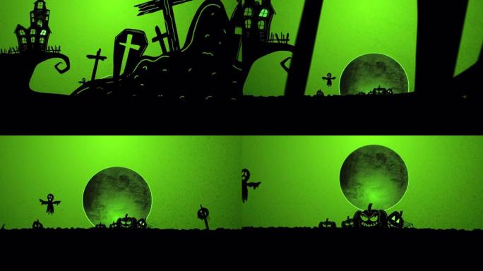绿色背景上的万圣节公墓，幽灵和满月的动画
