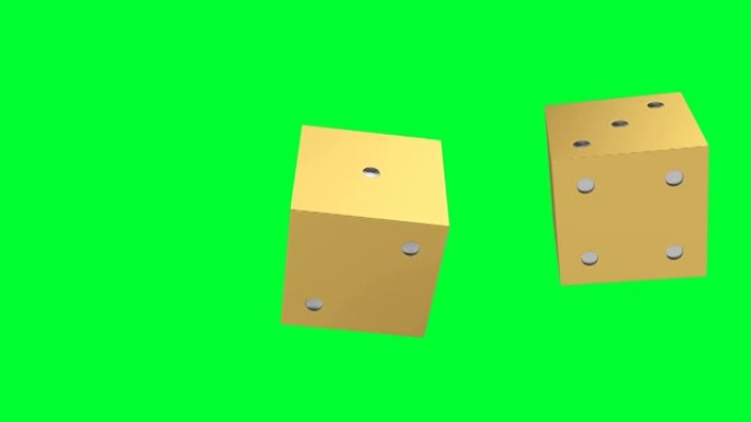 在4k的3D动画中，两个金色骰子在绿色屏幕上旋转。