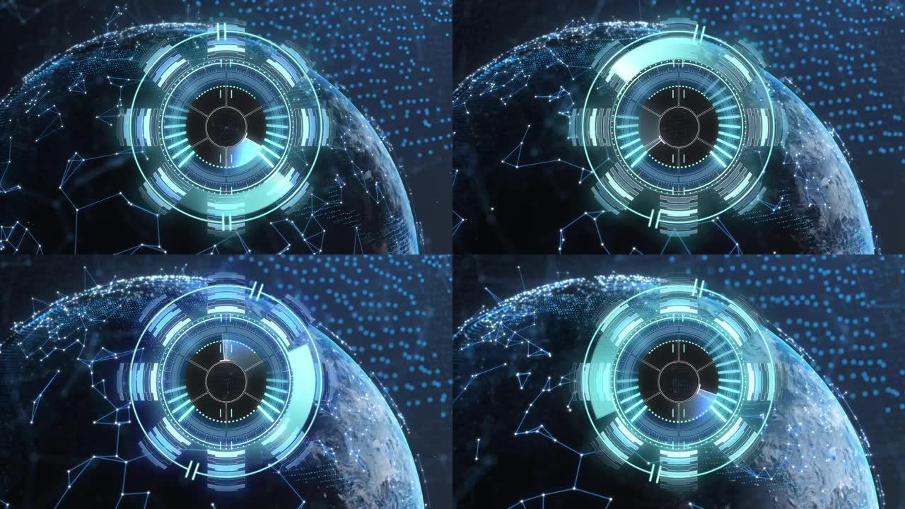 全球时钟和黑色背景上的连接网络的范围扫描动画