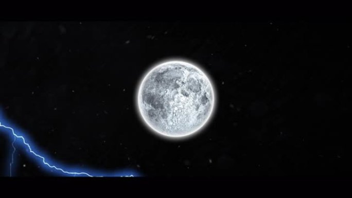 黑色背景上白色粒子漂浮和闪电雷鸣对月亮的数字动画
