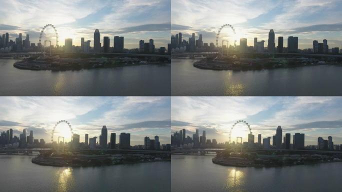 日落时新加坡城市著名滨海湾市中心鸟瞰图