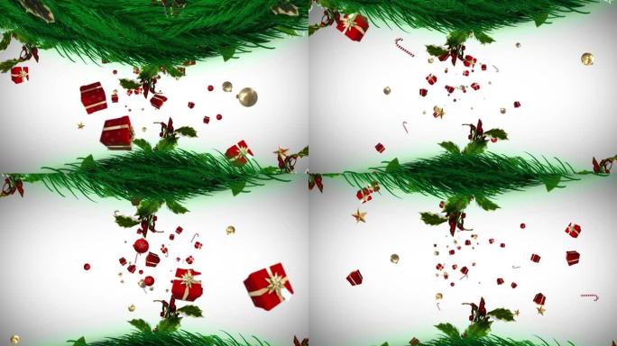 礼物在白色背景上掉落在枞树树枝上的动画
