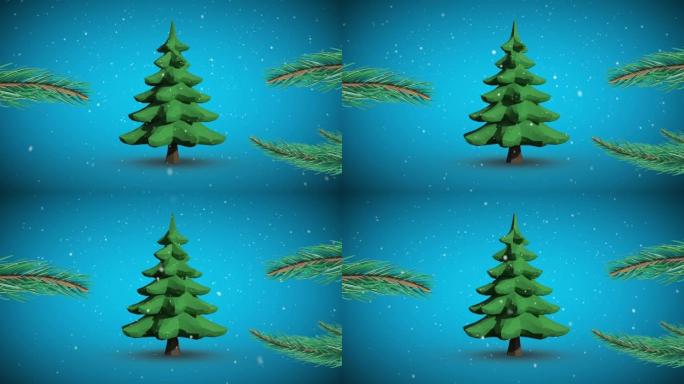翻转圣诞树和落在蓝色背景上的雪的动画