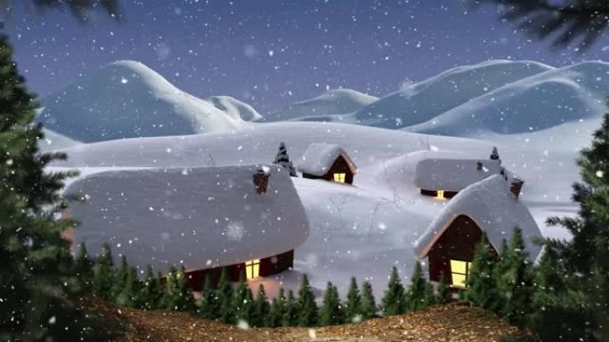 冬季景观中雪花落在房屋上的动画