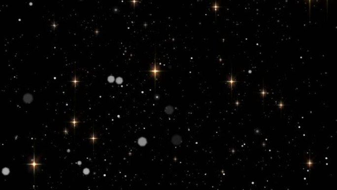 白色光斑和粒子快速移动的动画，黑色背景上有发光的星星