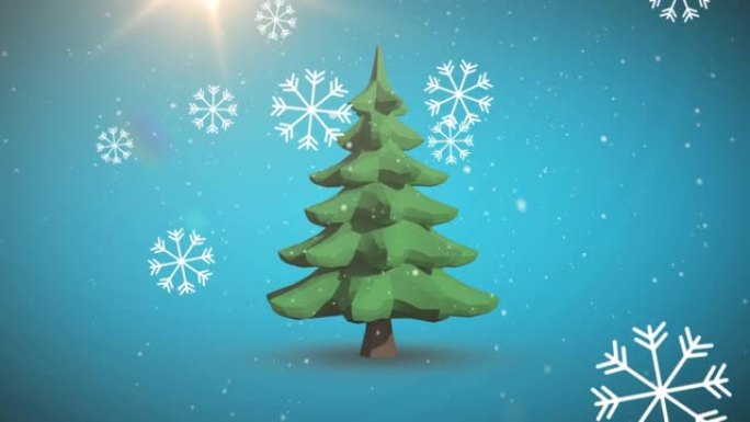 蓝色背景上的雪落在圣诞节树上的动画