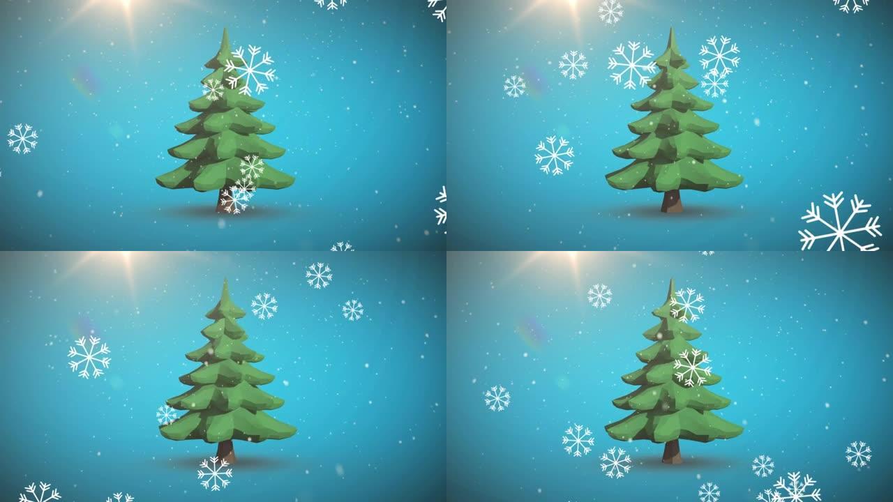 蓝色背景上的雪落在圣诞节树上的动画