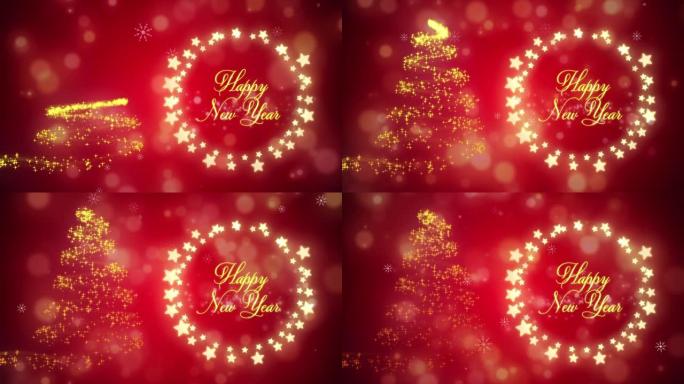 红色背景上的圣诞树动画和童话灯框中的问候