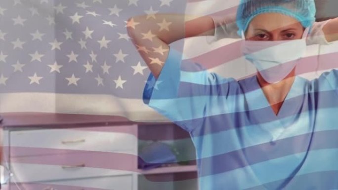 美国国旗在手术室中挥舞着女外科医生的动画